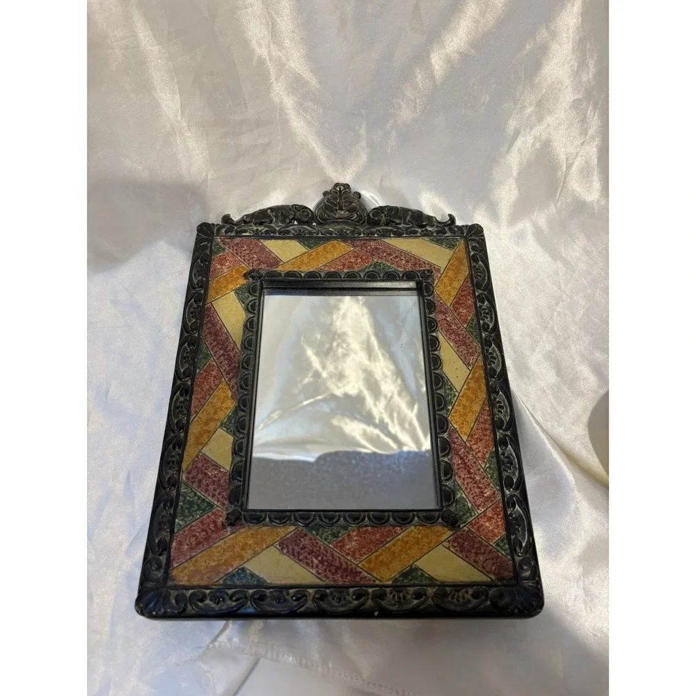 Vintage Stone Easel Back Mirror Black border Talavera vibes